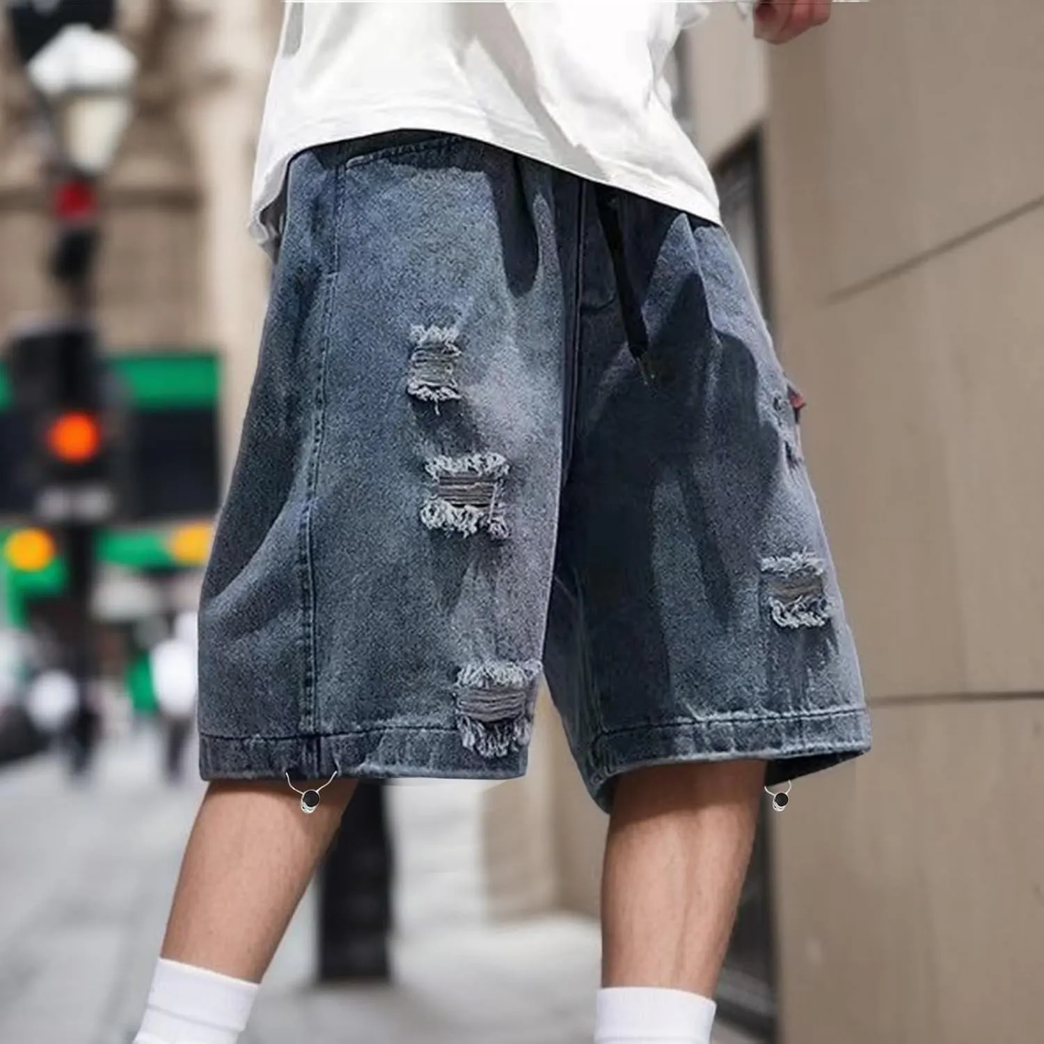 Men Y2K Grunge Baggy Jean Shorts Casual Summer Hip Hop Mid Loose Denim Shorts Streetwear