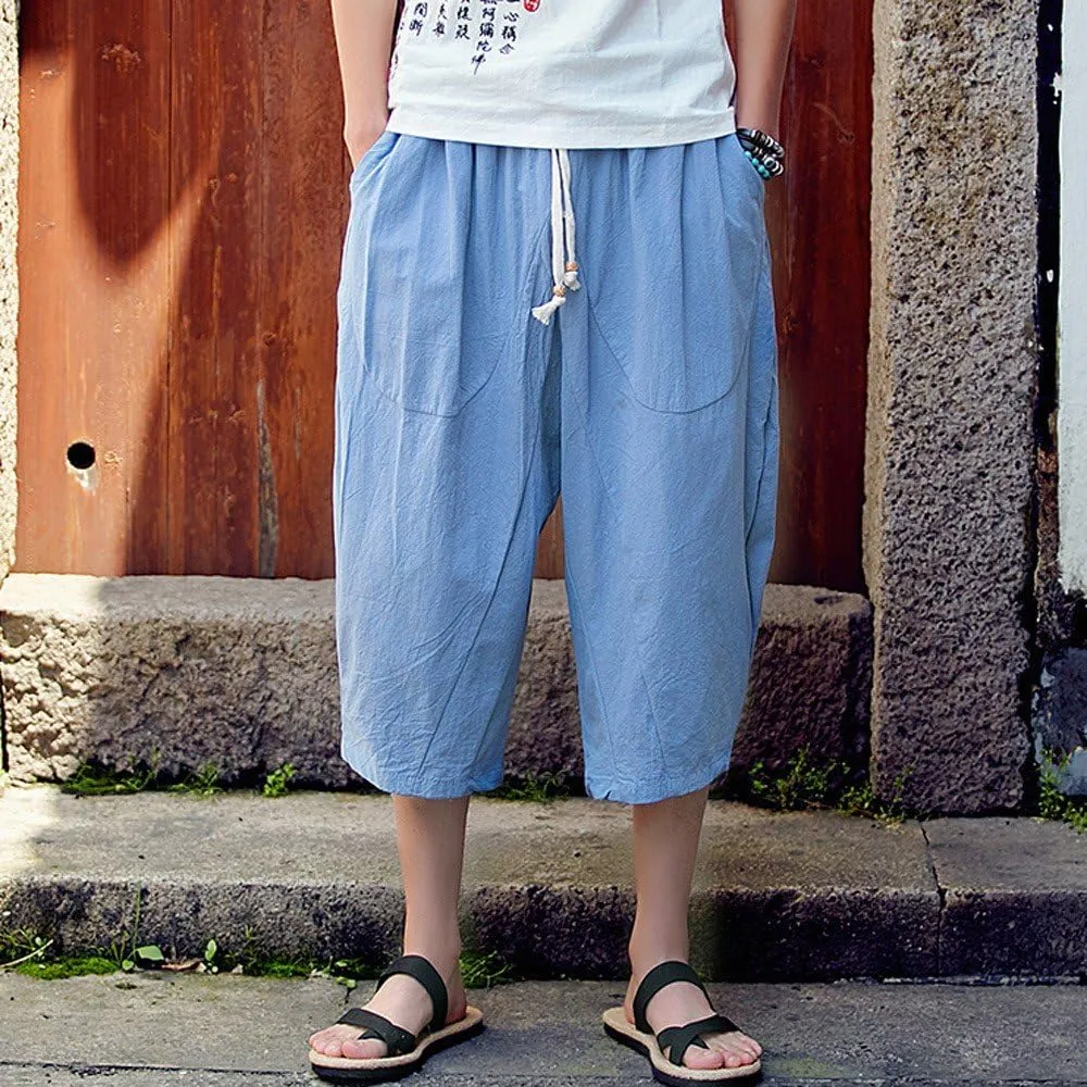 Mens 3/4 Linen Capri Pants Elastic Waist Casual Loose Baggy Harem Pant Summer Beach Yoga Shorts Cropped Trouser