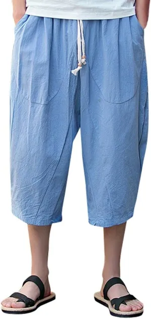 Mens 3/4 Linen Capri Pants Elastic Waist Casual Loose Baggy Harem Pant Summer Beach Yoga Shorts Cropped Trouser