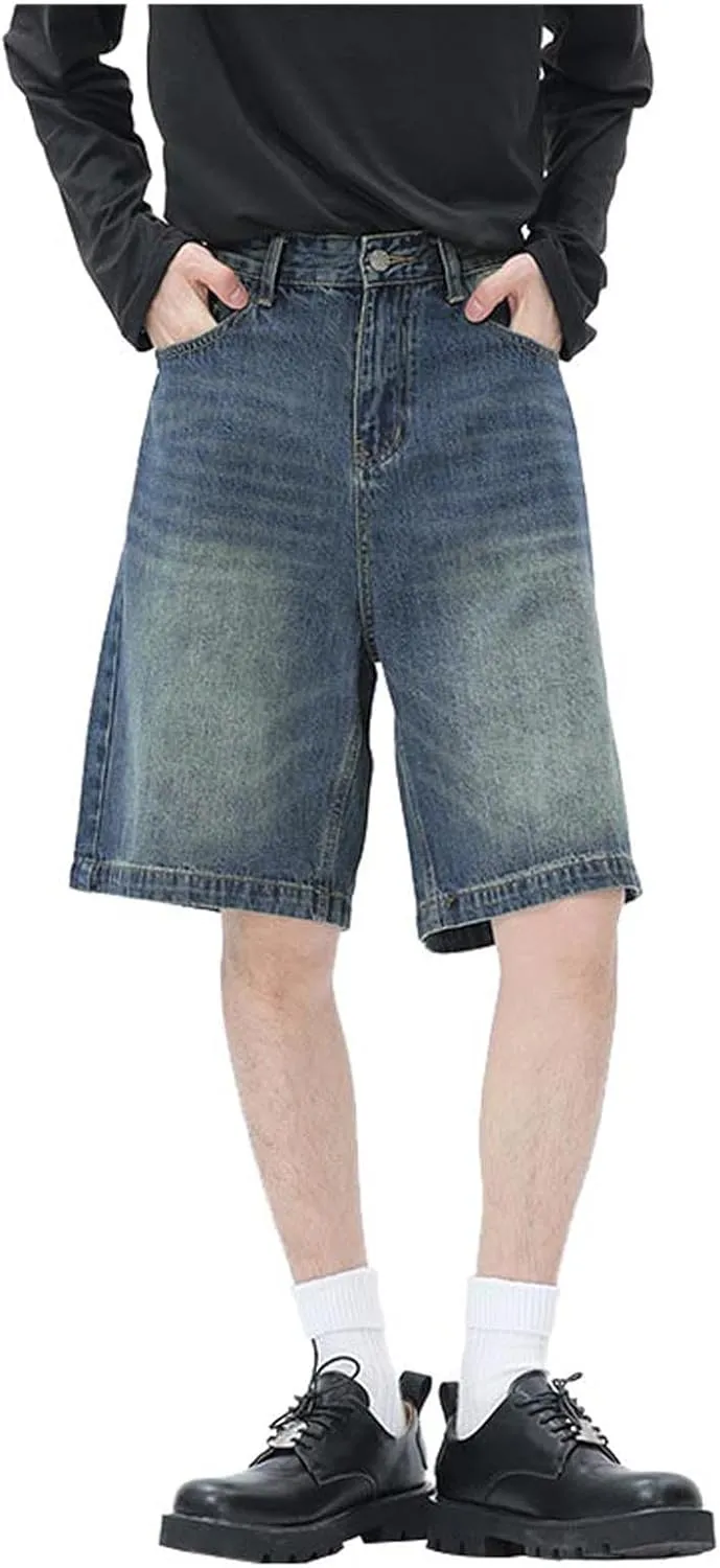 Mens Baggy Jean Shorts Loose Fit Below Knee Denim Shorts Summer Casual Y2K Streetwear Clothes