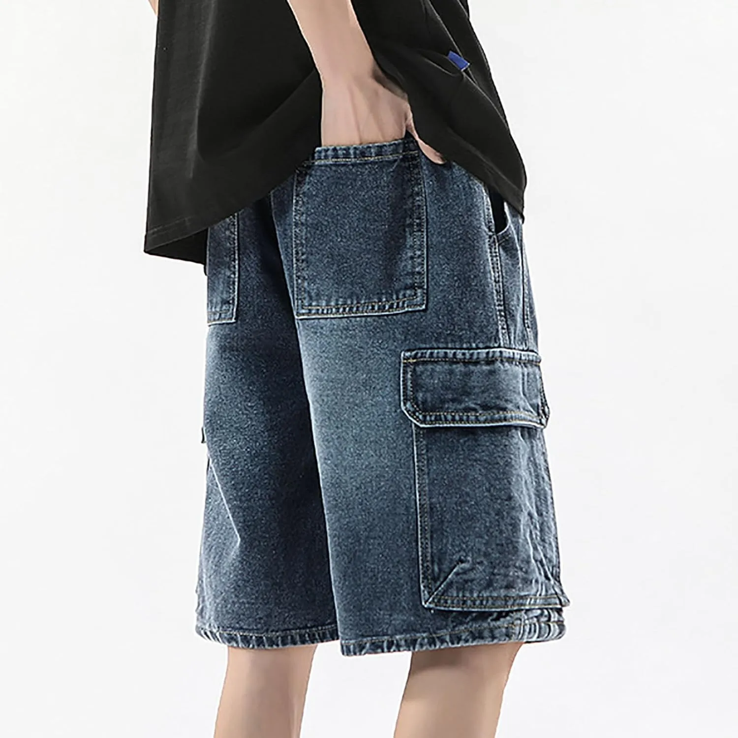 Men's Baggy Jean Shorts Loose Fit Mid Denim Shorts Wide Leg Aesthetic Pants Streetwear