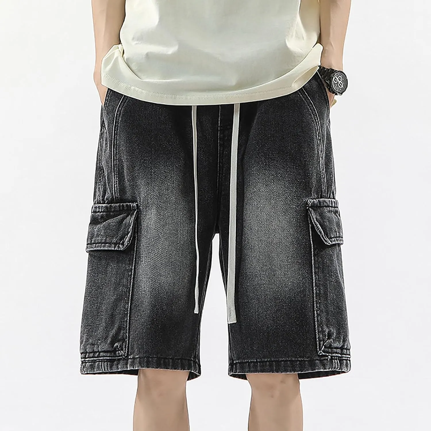 Men's Baggy Jean Shorts Loose Fit Mid Denim Shorts Wide Leg Aesthetic Pants Streetwear