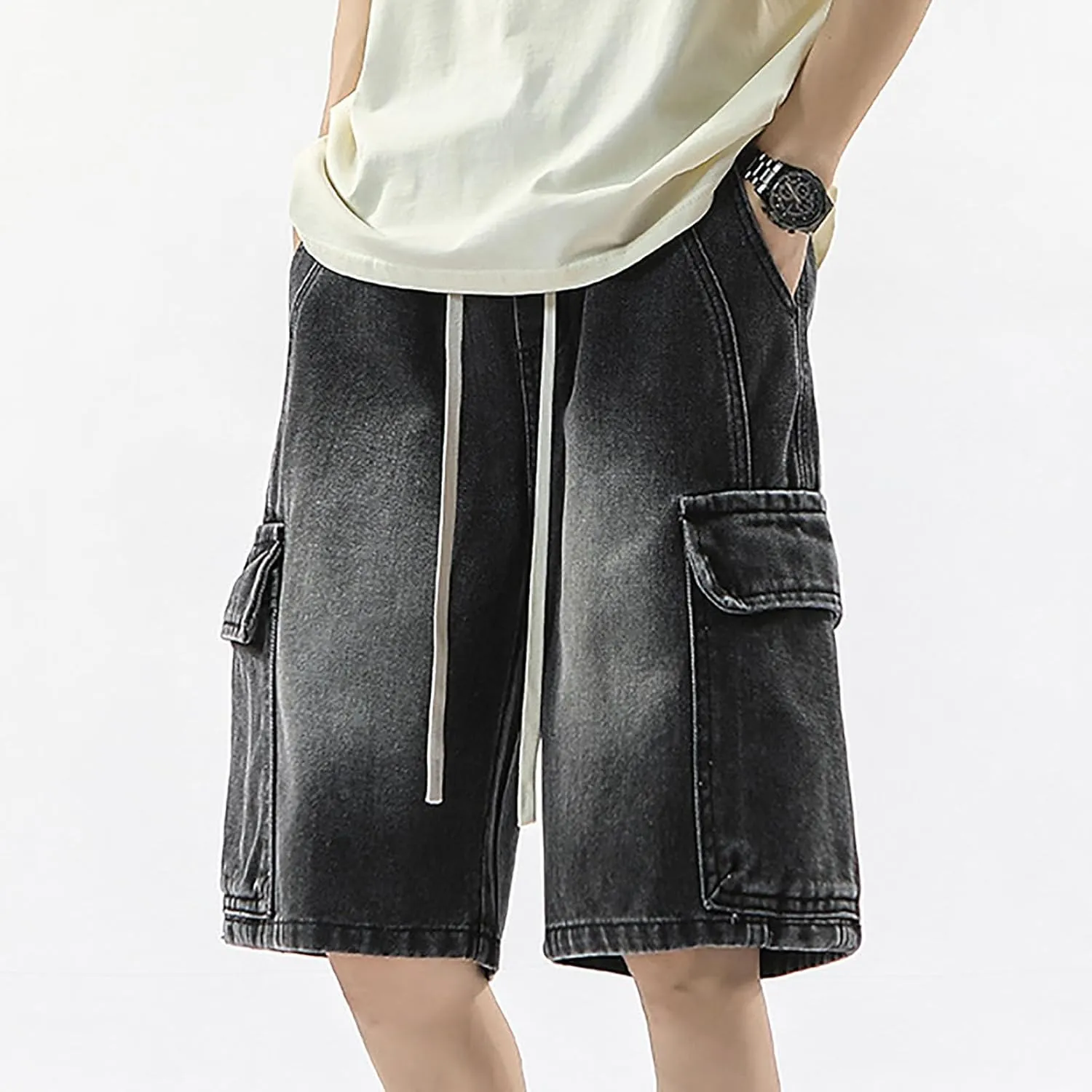 Men's Baggy Jean Shorts Loose Fit Mid Denim Shorts Wide Leg Aesthetic Pants Streetwear
