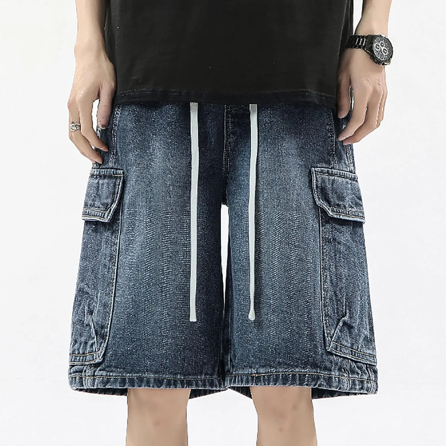 Men's Baggy Jean Shorts Loose Fit Mid Denim Shorts Wide Leg Aesthetic Pants Streetwear