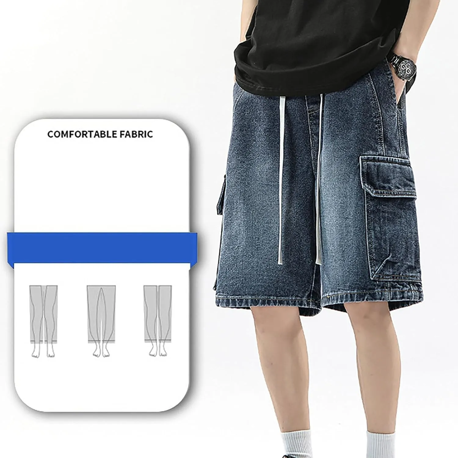 Men's Baggy Jean Shorts Loose Fit Mid Denim Shorts Wide Leg Aesthetic Pants Streetwear