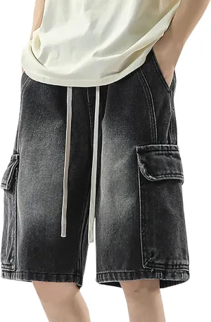 Men's Baggy Jean Shorts Loose Fit Mid Denim Shorts Wide Leg Aesthetic Pants Streetwear