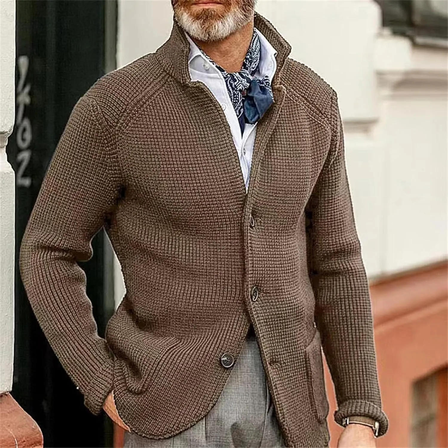 Men's Cardigan Sweaters Stand-up Collar Wool Coat Thick Knitted Padded Suit Coat