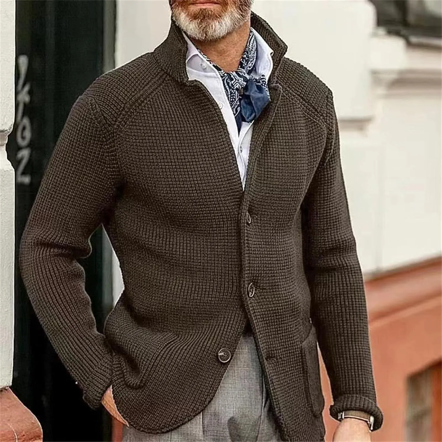 Men's Cardigan Sweaters Stand-up Collar Wool Coat Thick Knitted Padded Suit Coat