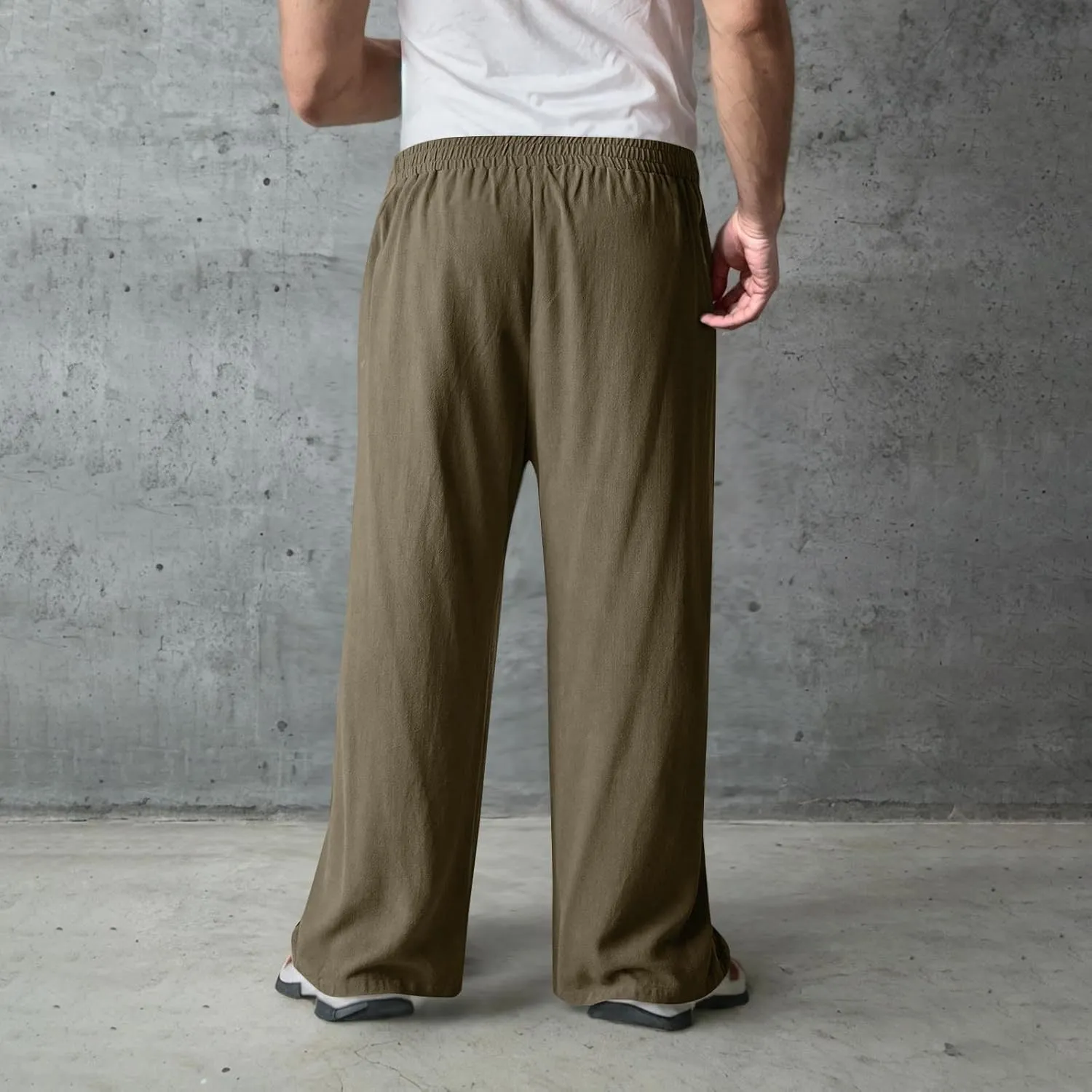 Mens Casual Cotton Linen Pants Wide Leg Baggy Trousers Men Fashion Loose Fit Elastic Waist Yoga Pants Lounge Outfits