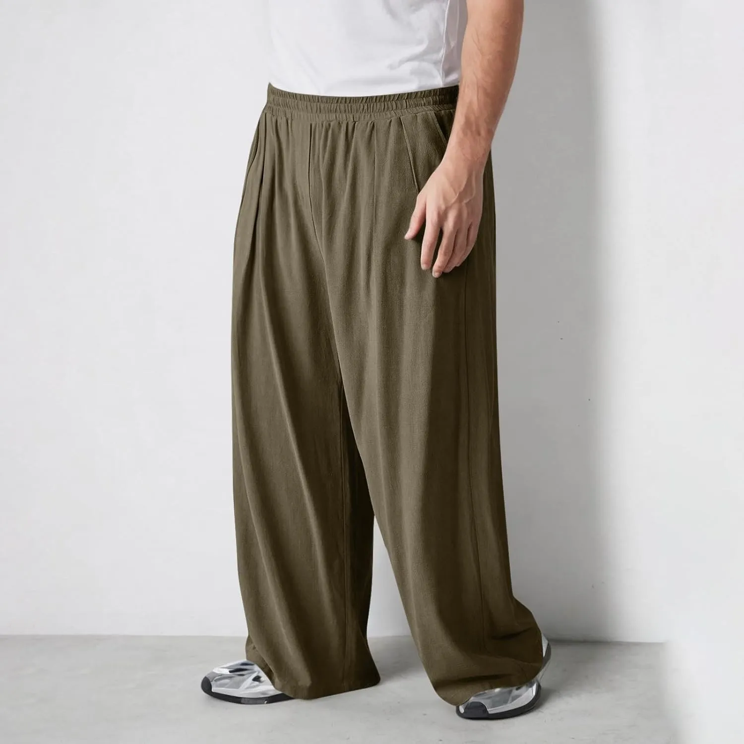 Mens Casual Cotton Linen Pants Wide Leg Baggy Trousers Men Fashion Loose Fit Elastic Waist Yoga Pants Lounge Outfits