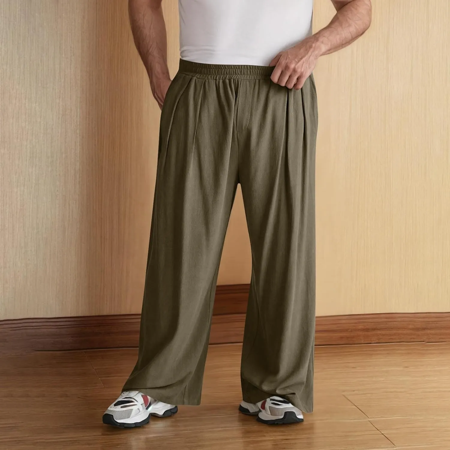Mens Casual Cotton Linen Pants Wide Leg Baggy Trousers Men Fashion Loose Fit Elastic Waist Yoga Pants Lounge Outfits