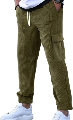 Men's Comfortable Casual Pants Corduroy Waffle Knit Elastic Waist Drawstring for Easy Pull On Streetwear