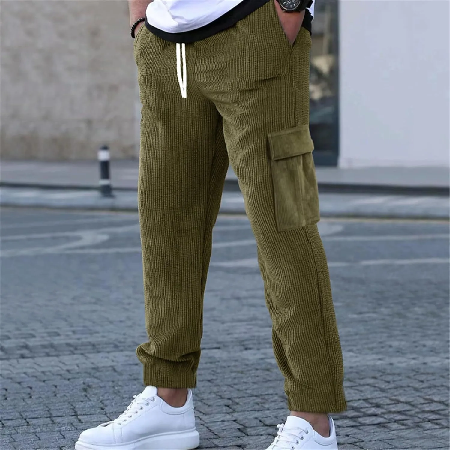 Men's Comfortable Casual Pants Corduroy Waffle Knit Elastic Waist Drawstring for Easy Pull On Streetwear