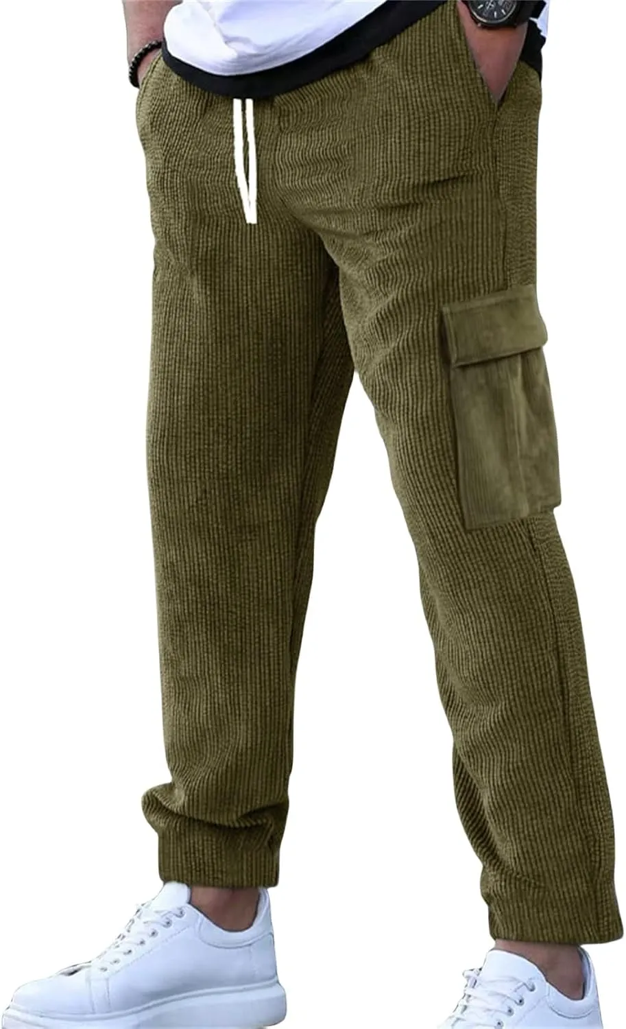 Men's Comfortable Casual Pants Corduroy Waffle Knit Elastic Waist Drawstring for Easy Pull On Streetwear