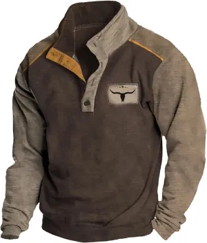 Men's Corduroy Sweatshirt Casual Stand Collar Button Long Sleeve Hoodie Mock Neck Sweaters Polo Sweatshirts No Hood