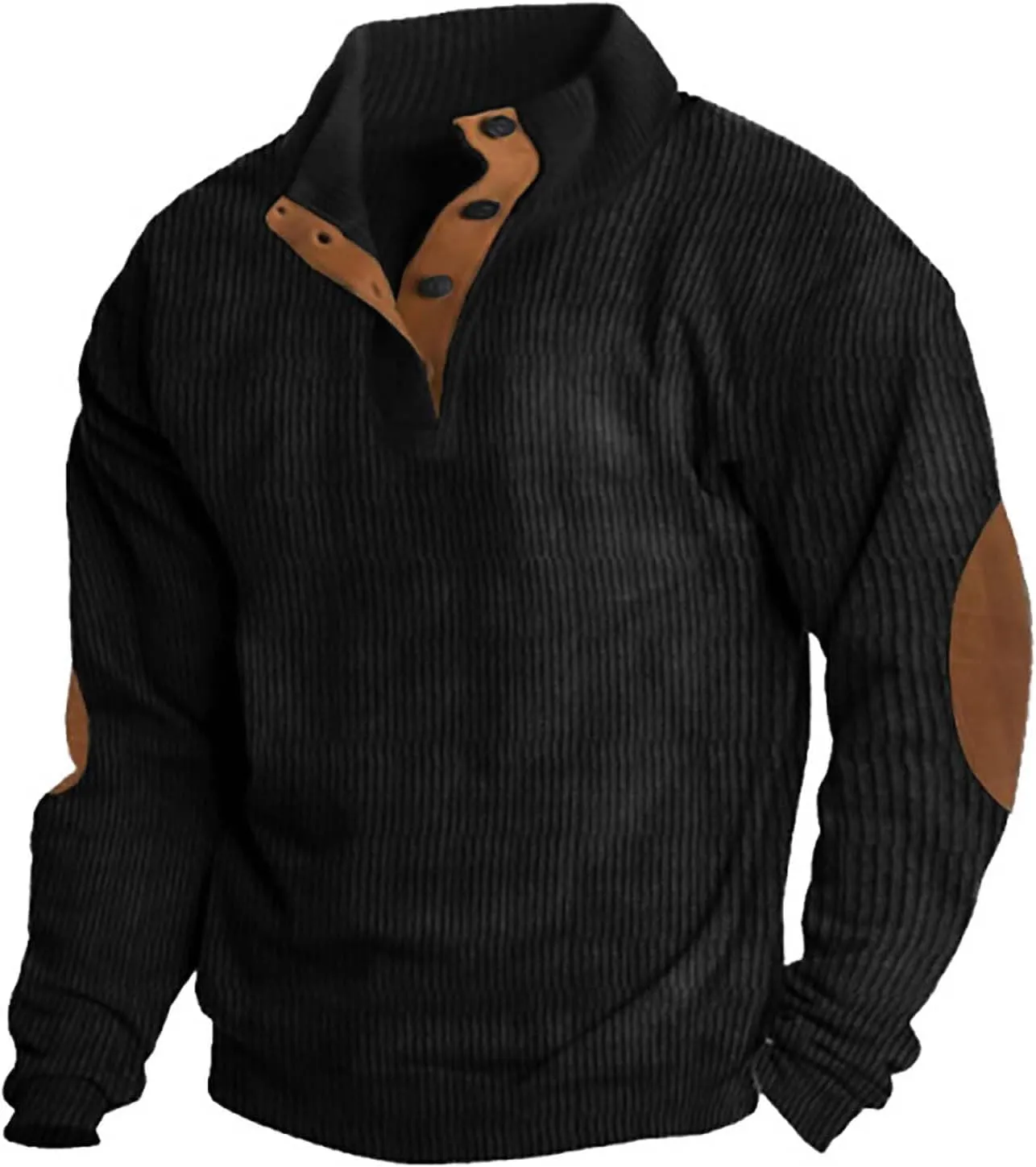 Men's Corduroy Sweatshirt Casual Stand Collar Button Long Sleeve Hoodie Mock Neck Sweaters Polo Sweatshirts No Hood