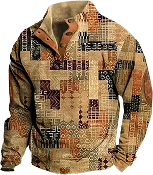 Men's Corduroy Sweatshirt Casual Stand Collar Button Long Sleeve Hoodie Mock Neck Sweaters Polo Sweatshirts No Hood