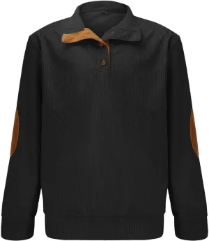 Men's Corduroy Sweatshirt Casual Stand Collar Button Long Sleeve Hoodie Mock Neck Sweaters Polo Sweatshirts No Hood