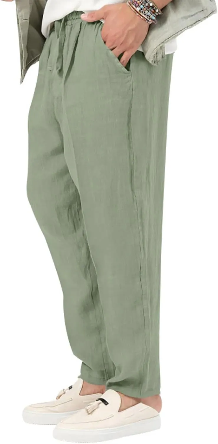 Men's Cotton Linen Drawstring Pants Lightweight Casual Joggers Yoga Pants Elastic Waist Beach Trousers with Pockets
