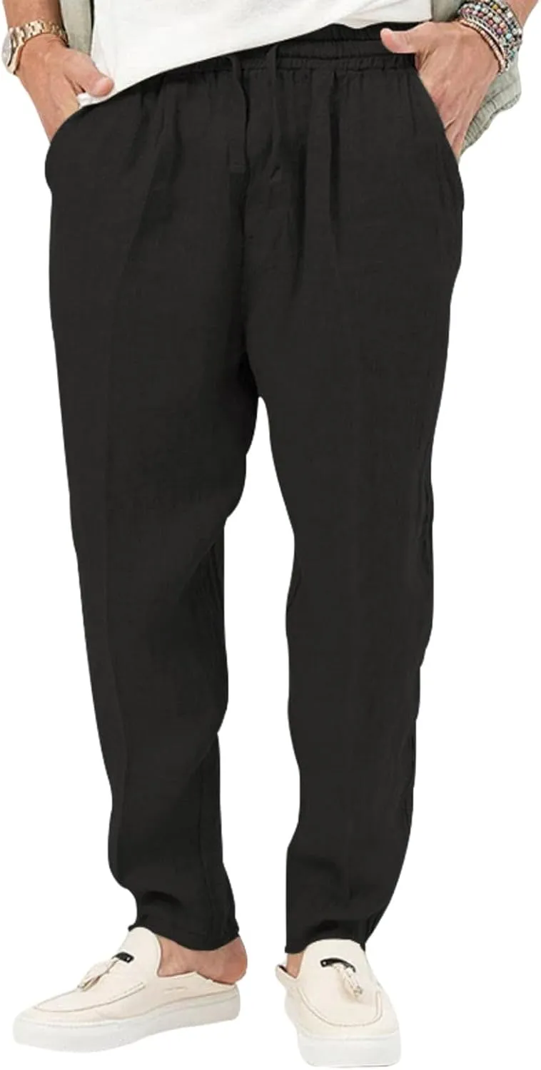 Men's Cotton Linen Drawstring Pants Lightweight Casual Joggers Yoga Pants Elastic Waist Beach Trousers with Pockets