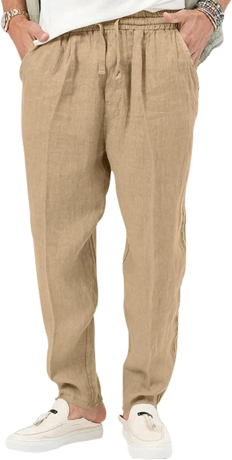 Men's Cotton Linen Drawstring Pants Lightweight Casual Joggers Yoga Pants Elastic Waist Beach Trousers with Pockets