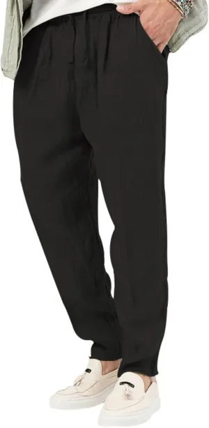 Men's Cotton Linen Drawstring Pants Lightweight Casual Joggers Yoga Pants Elastic Waist Beach Trousers with Pockets