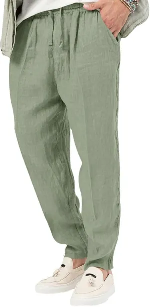 Men's Cotton Linen Drawstring Pants Lightweight Casual Joggers Yoga Pants Elastic Waist Beach Trousers with Pockets