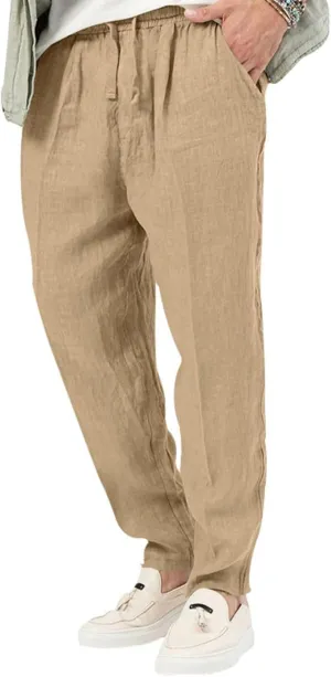 Men's Cotton Linen Drawstring Pants Lightweight Casual Joggers Yoga Pants Elastic Waist Beach Trousers with Pockets