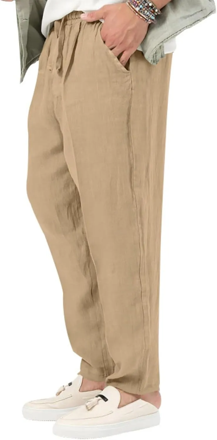 Men's Cotton Linen Drawstring Pants Lightweight Casual Joggers Yoga Pants Elastic Waist Beach Trousers with Pockets