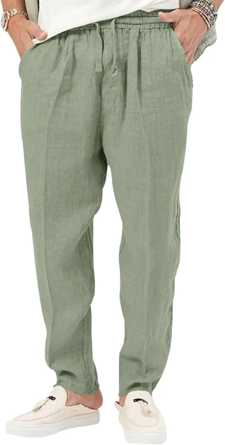 Men's Cotton Linen Drawstring Pants Lightweight Casual Joggers Yoga Pants Elastic Waist Beach Trousers with Pockets