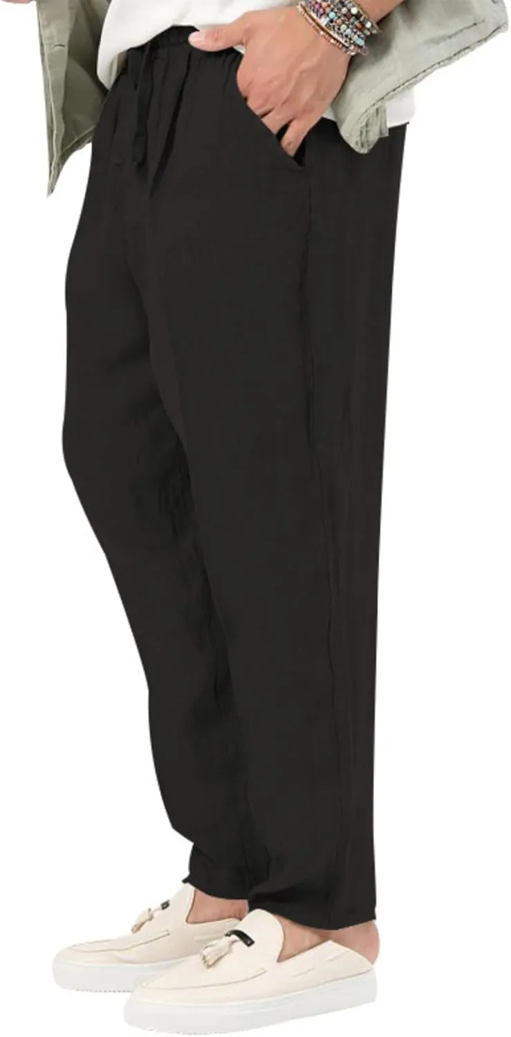 Men's Cotton Linen Drawstring Pants Lightweight Casual Joggers Yoga Pants Elastic Waist Beach Trousers with Pockets