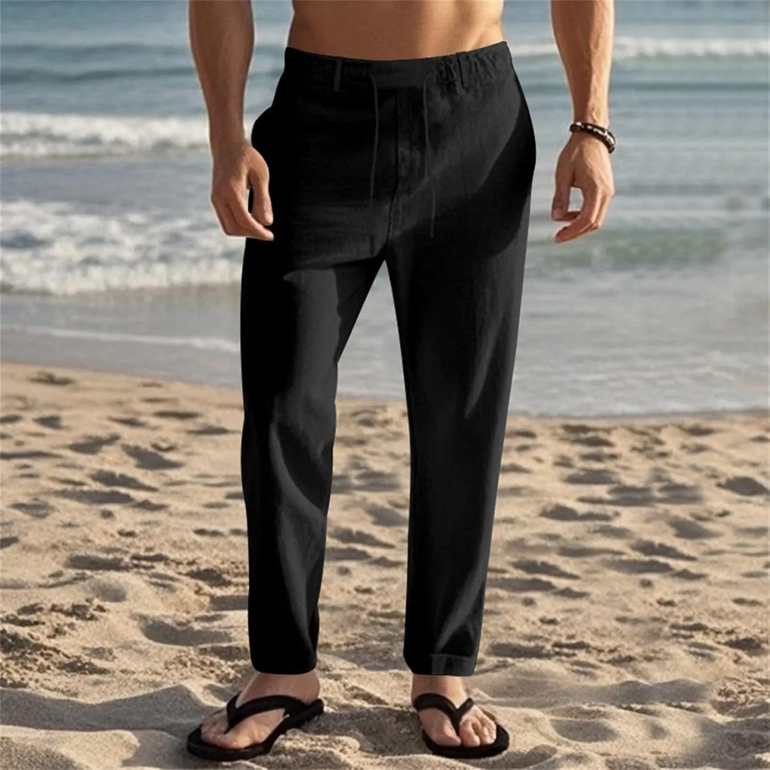 Men's Cotton Linen Pants Loose Fit Straight Legs Elastic Waist Drawstring Lounge Trousers Plus Size Baggy Beach Pants
