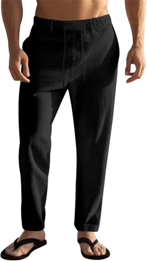 Men's Cotton Linen Pants Loose Fit Straight Legs Elastic Waist Drawstring Lounge Trousers Plus Size Baggy Beach Pants