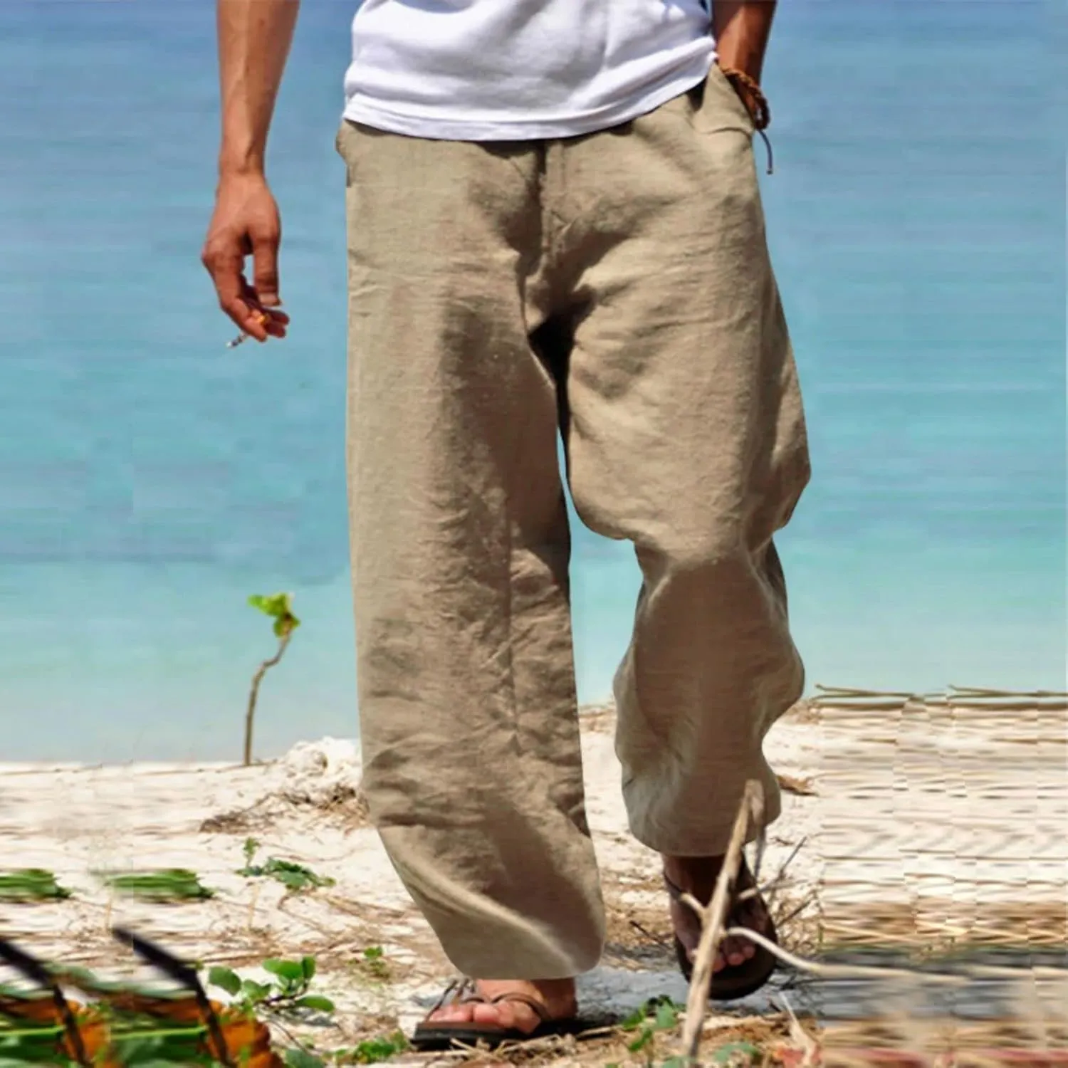 Men's Cotton Linen Trousers Loose Fit Straight Leg Pants Casual Drawstring Thin Pant Spring Fashion Vacation Trousers