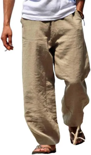 Men's Cotton Linen Trousers Loose Fit Straight Leg Pants Casual Drawstring Thin Pant Spring Fashion Vacation Trousers