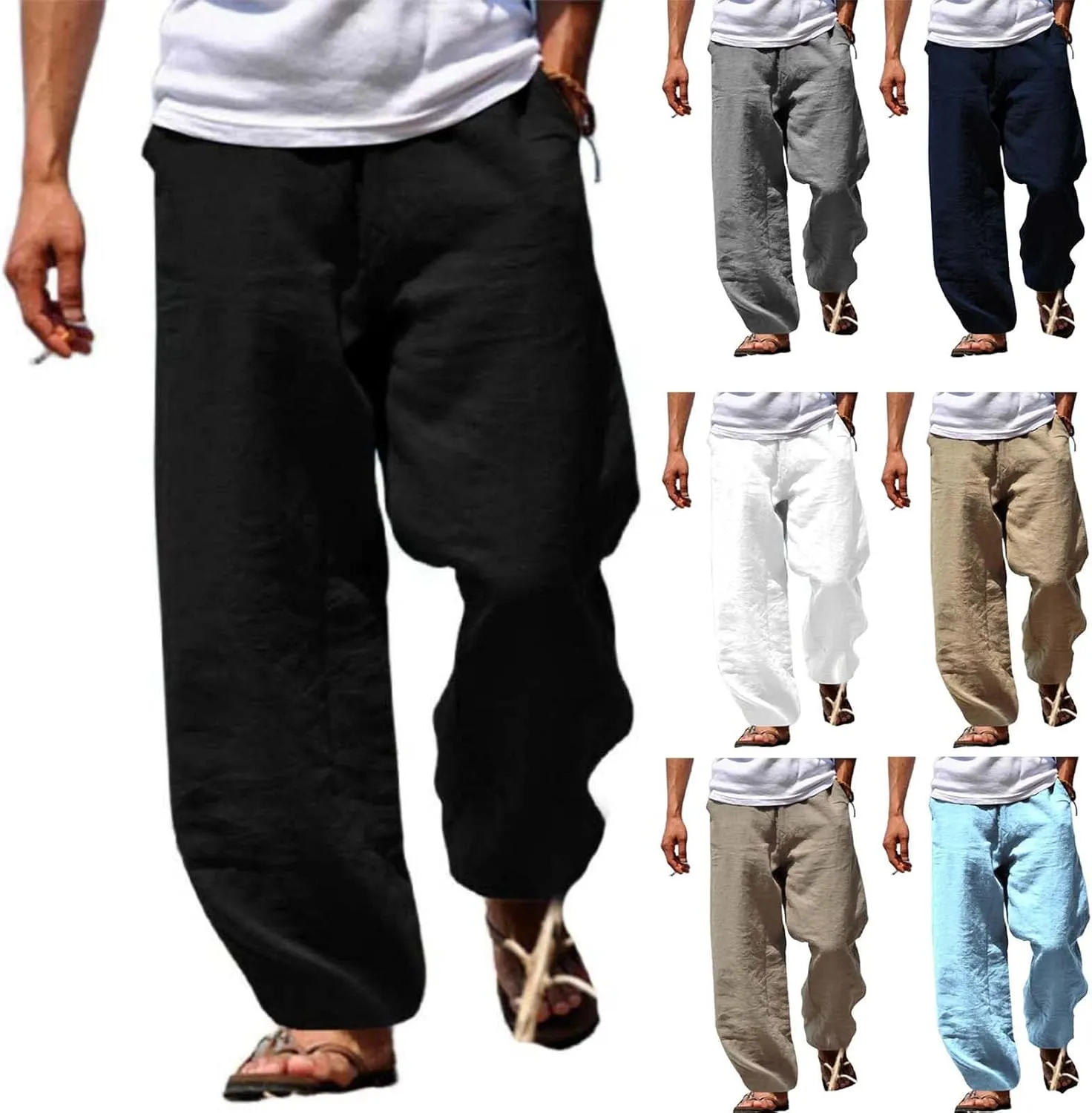 Men's Cotton Linen Trousers Loose Fit Straight Leg Pants Casual Drawstring Thin Pant Spring Fashion Vacation Trousers