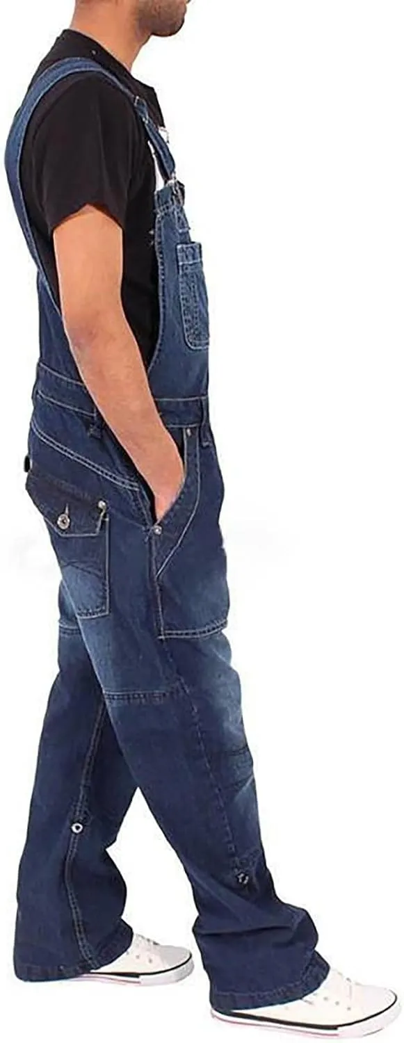 Mens Denim Bib Overalls Relaxed Fit Adjustable Strap Straight Wide Leg Jean Jumpsuits with Pockets Hippie Coveralls