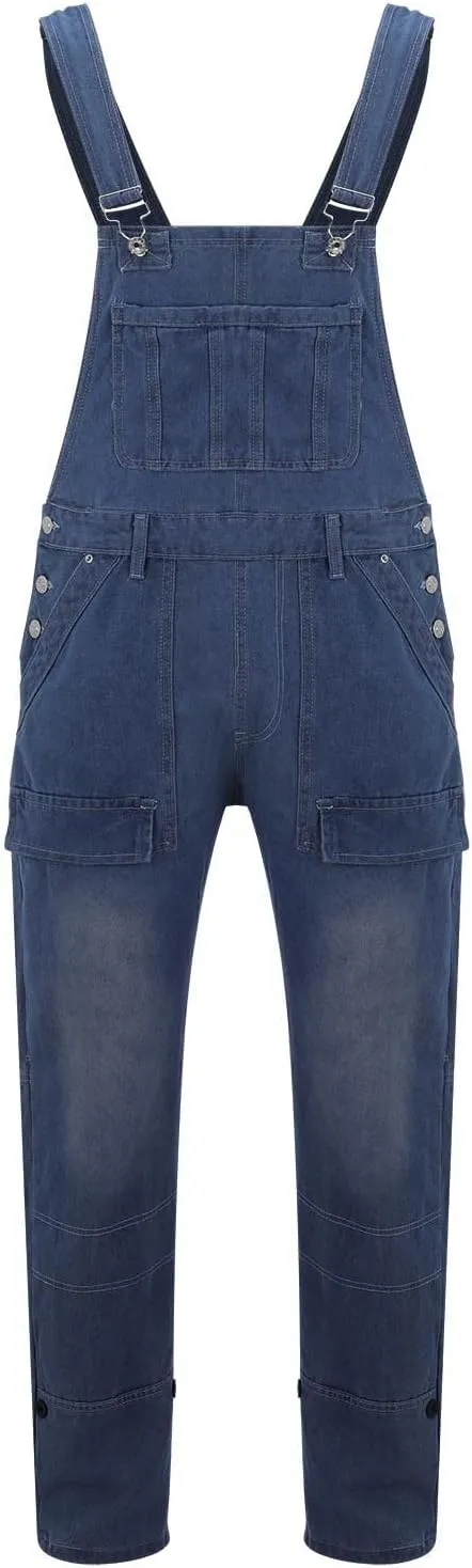 Mens Denim Bib Overalls Relaxed Fit Adjustable Strap Straight Wide Leg Jean Jumpsuits with Pockets Hippie Coveralls