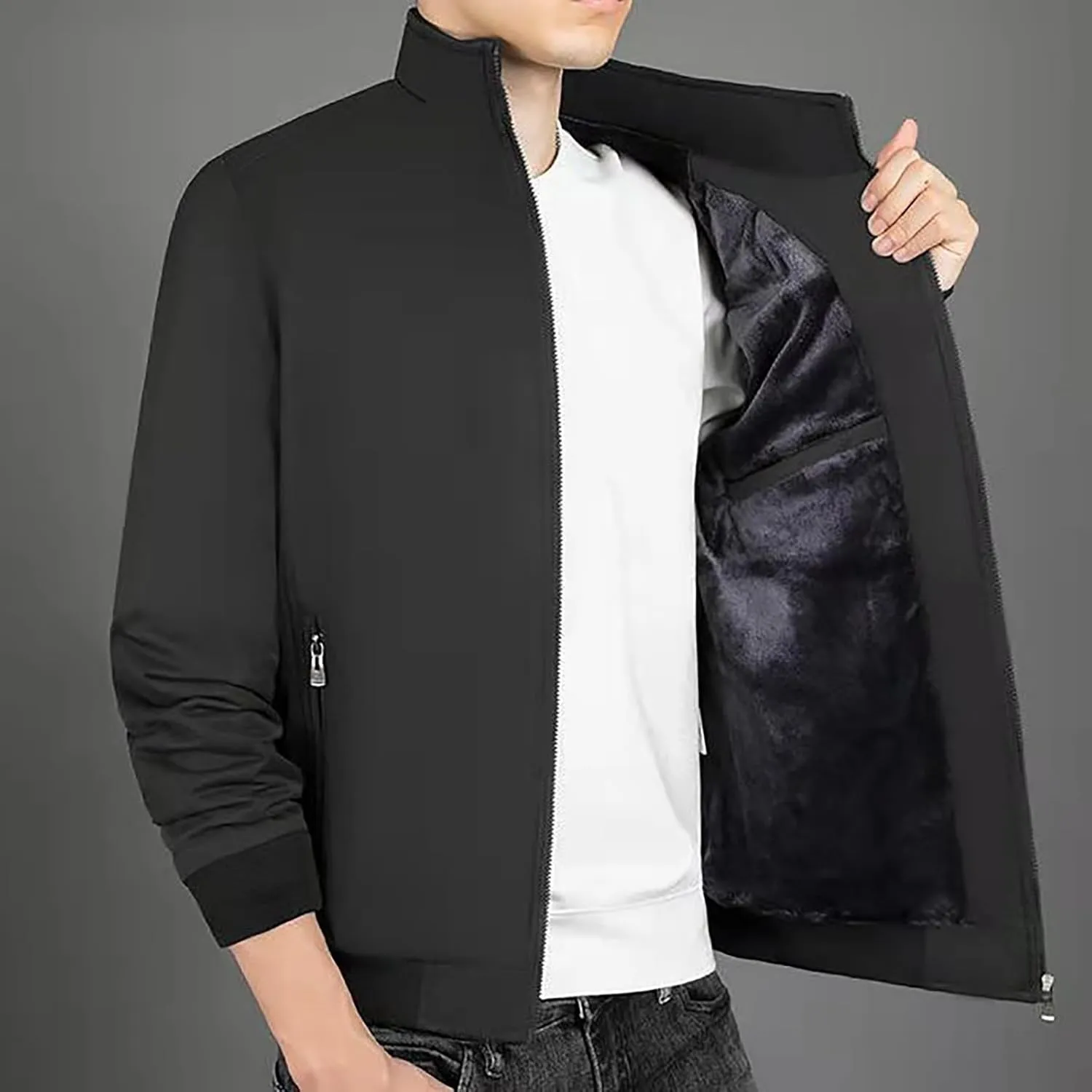Mens Fashion Plush Thick Jacket Winter Fleece Lined Warm Coat Stand Collar Zip Up Sherpa Parka Work Cargo Windbreaker