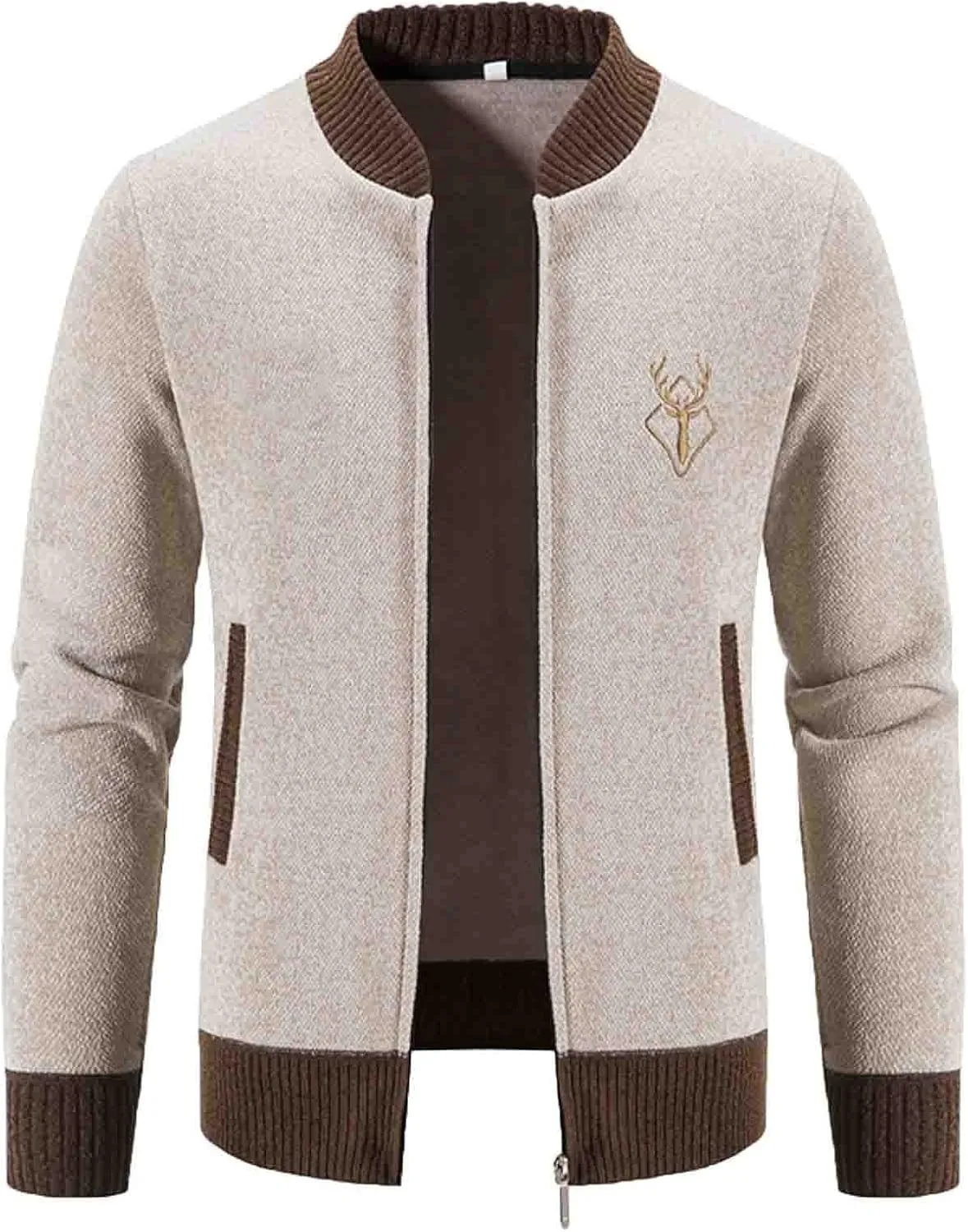 Mens Full Zip Cardigan Sweater Stand Collar Long Sleeve Pullover Graphic Knitwear Knitted Tops Jacket with Pockets