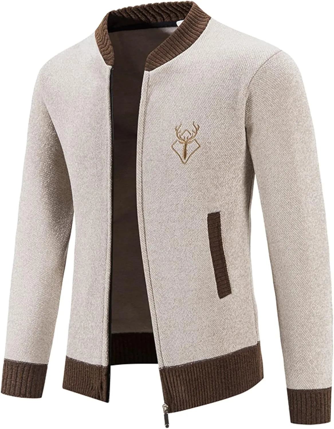 Mens Full Zip Cardigan Sweater Stand Collar Long Sleeve Pullover Graphic Knitwear Knitted Tops Jacket with Pockets