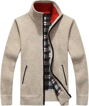 Mens Full Zip Cardigan Sweater Stand Collar Long Sleeve Pullover Ribbed Knitted Casual Tops Jacket with Pockets