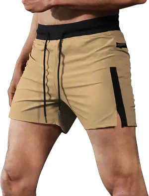 Mens Gym Running Shorts Drawstring Side Split Quick Dry Sport Workout Training Athletic Track Shorts with Zipper Pockets