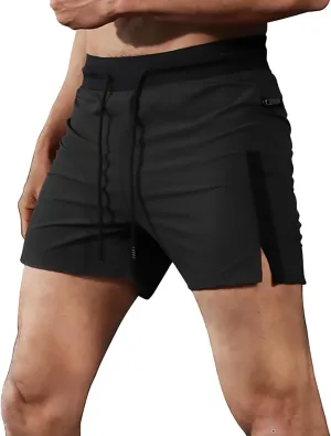 Mens Gym Running Shorts Drawstring Side Split Quick Dry Sport Workout Training Athletic Track Shorts with Zipper Pockets