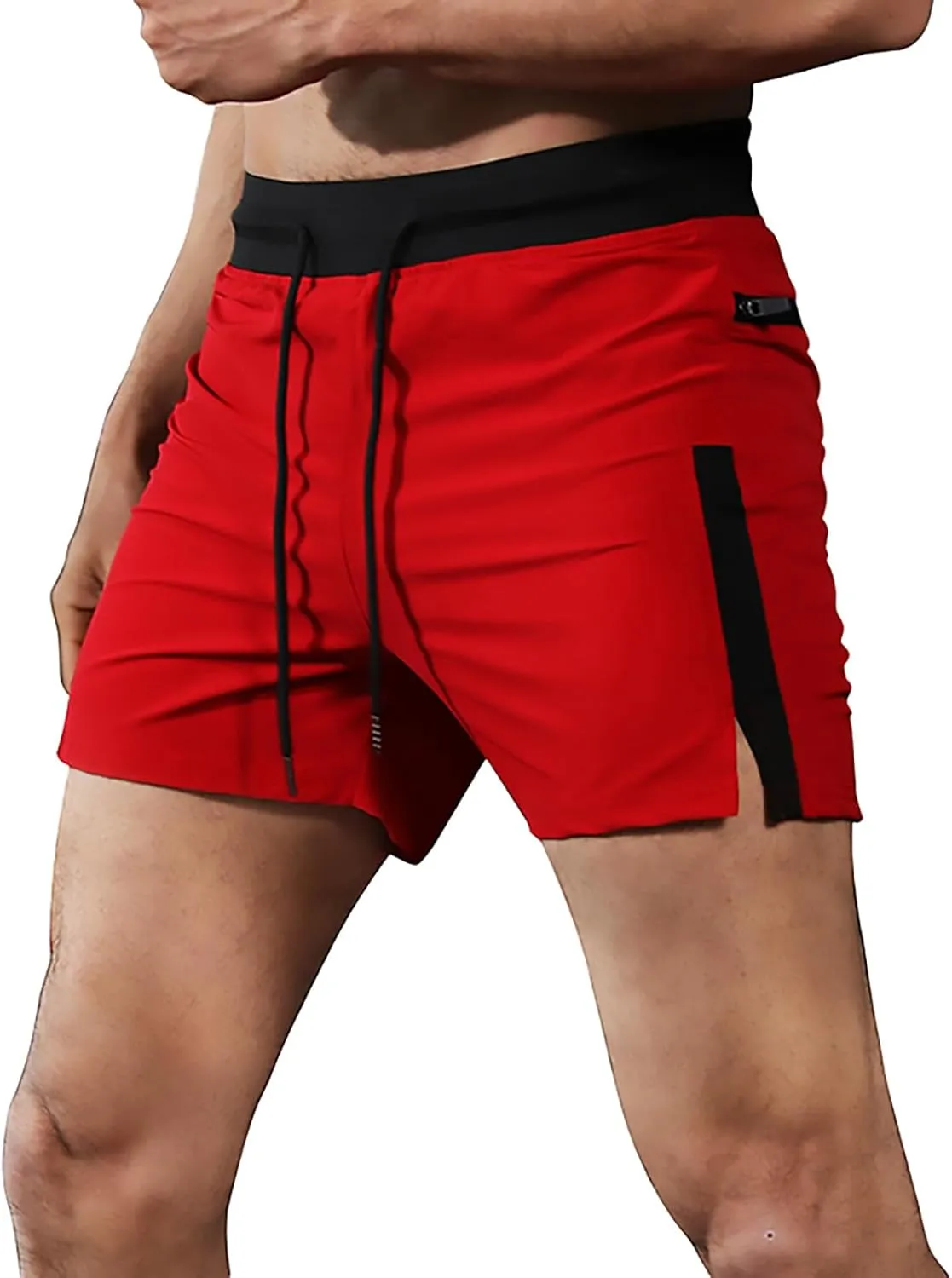 Mens Gym Running Shorts Drawstring Side Split Quick Dry Sport Workout Training Athletic Track Shorts with Zipper Pockets
