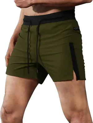 Mens Gym Running Shorts Drawstring Side Split Quick Dry Sport Workout Training Athletic Track Shorts with Zipper Pockets