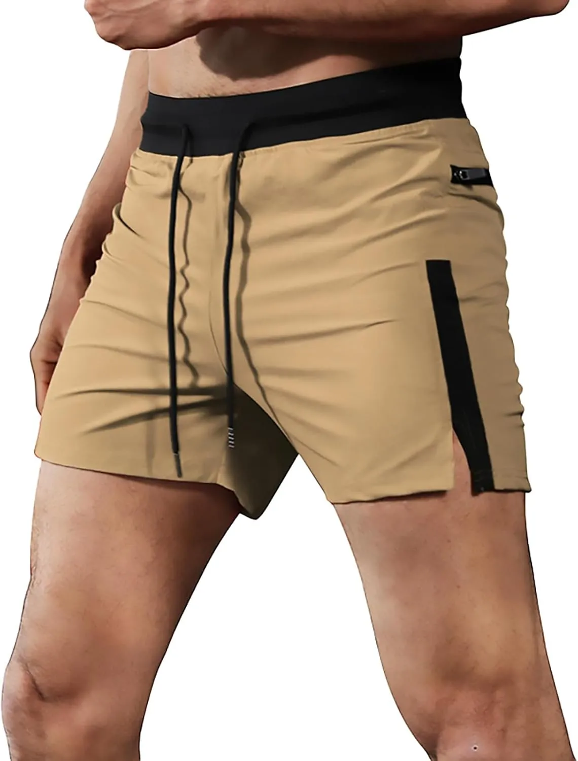 Mens Gym Running Shorts Drawstring Side Split Quick Dry Sport Workout Training Athletic Track Shorts with Zipper Pockets