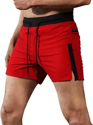 Mens Gym Running Shorts Drawstring Side Split Quick Dry Sport Workout Training Athletic Track Shorts with Zipper Pockets
