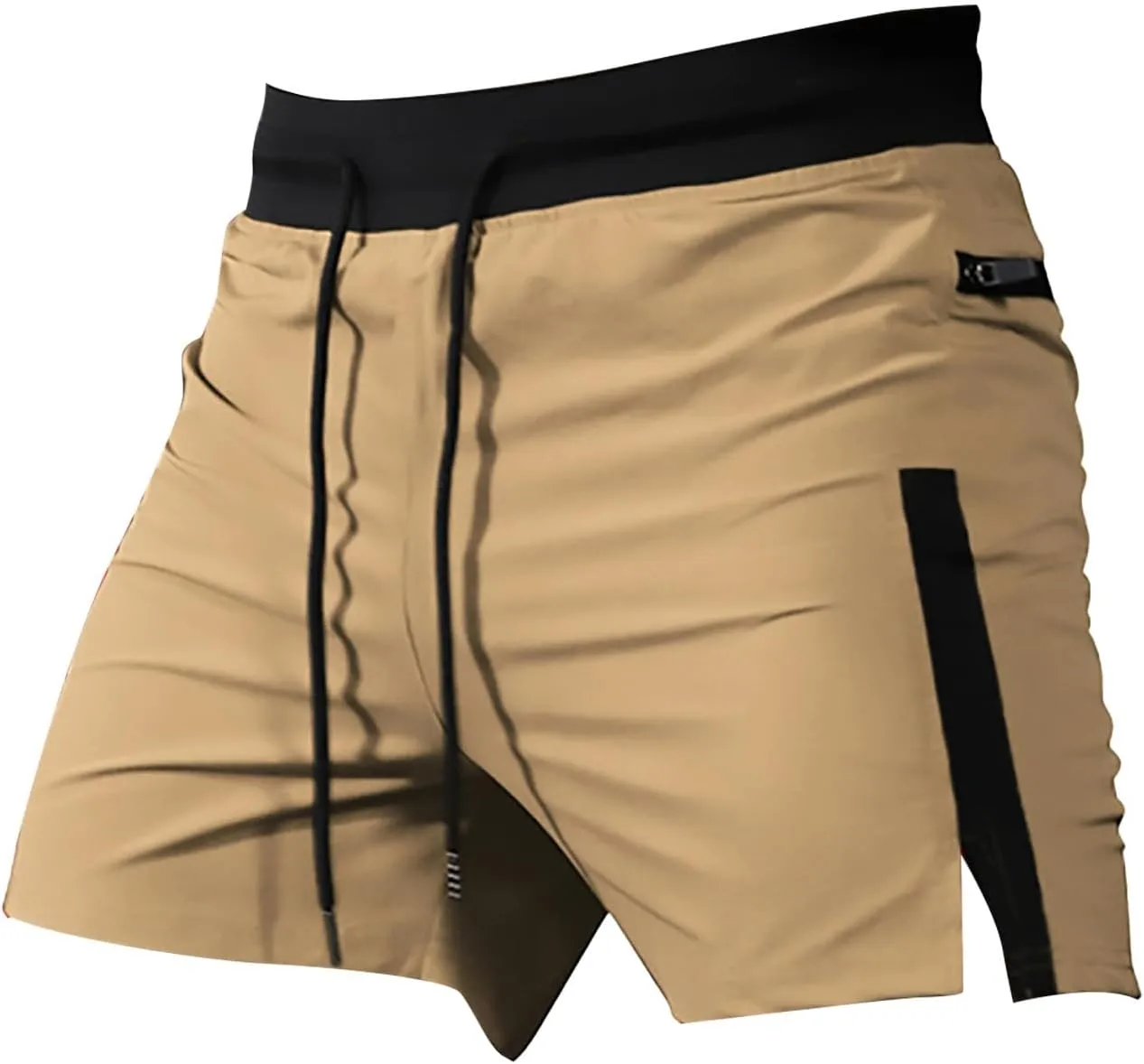 Mens Gym Running Shorts Drawstring Side Split Quick Dry Sport Workout Training Athletic Track Shorts with Zipper Pockets
