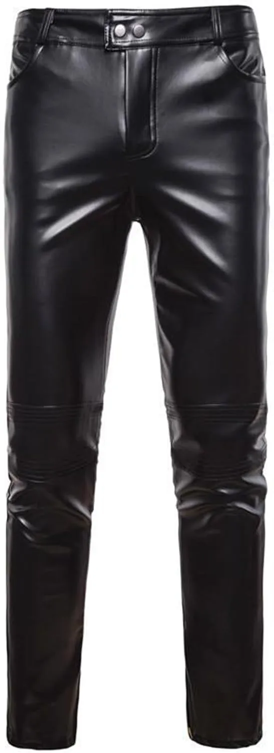 Mens Leather Pants Relaxed Fit Elastic Waist Solid Color Casual Pants Fashion Nightclub Party Performance Clothes for Men